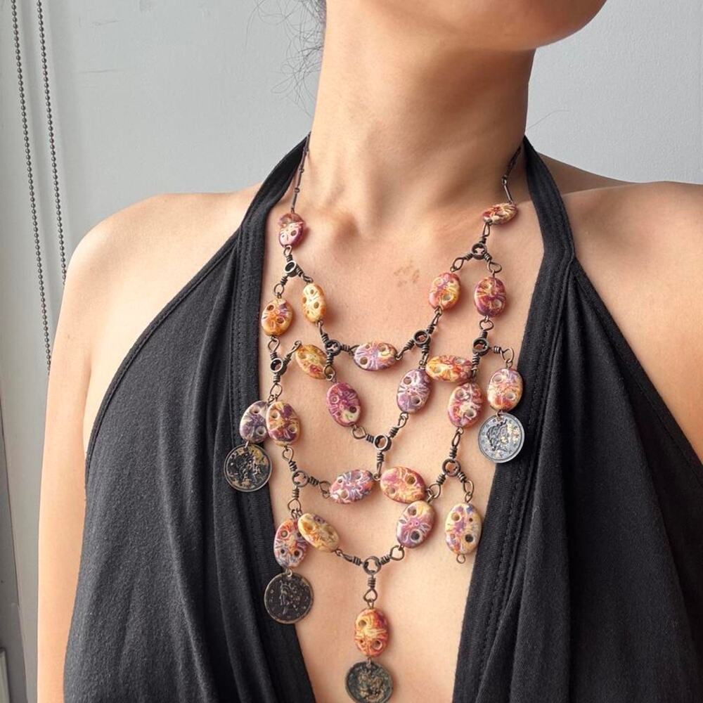 VTG Marble Stone Medieval Charm Bib Necklace Boho Statement Jewelry